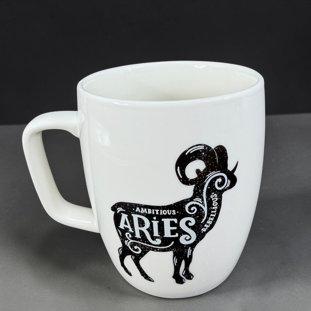 Threshold Aries Zodiac Porcelain Mug White Black Ambitious‎ Rebellious Ram 16oz